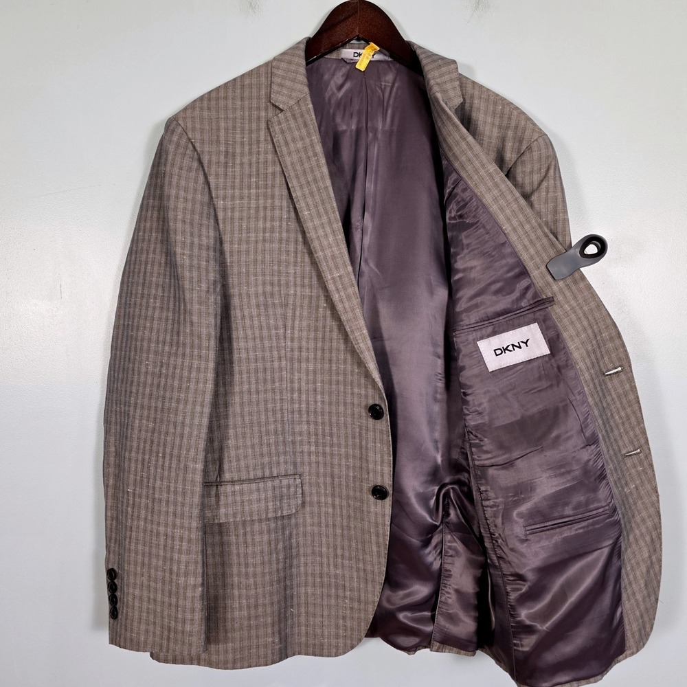 DKNY Mens 44R Grey Plaid Linen Blend 2-Button Blazer Dual Vent Sport Coat